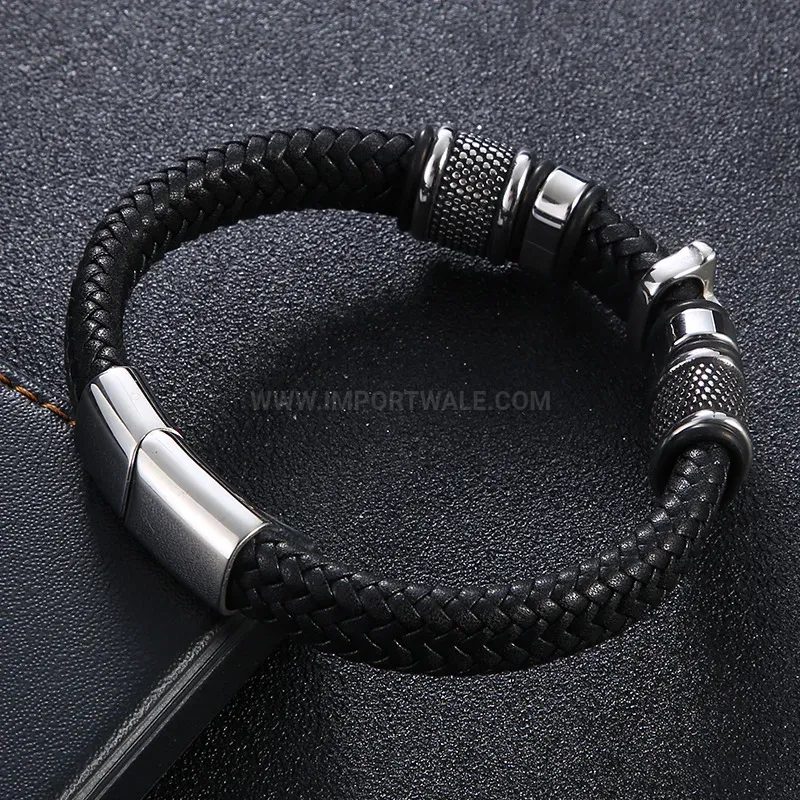 Designer Ankh Cross Braided Leather Stainless Steel Bracelet