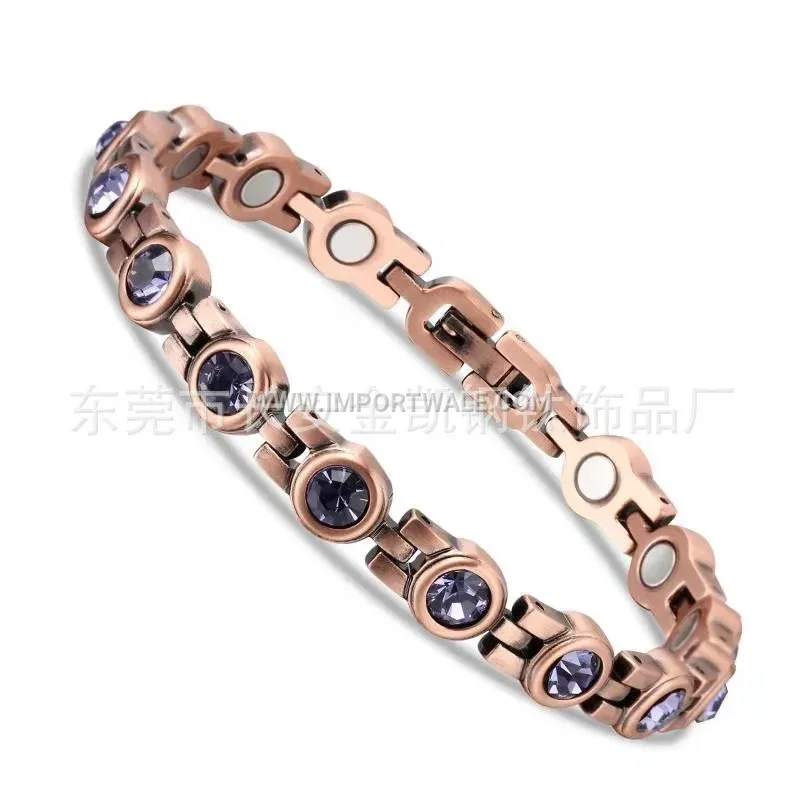 Vintage Geometric Line Copper Magnetic Bracelet with Rhinestone Accents