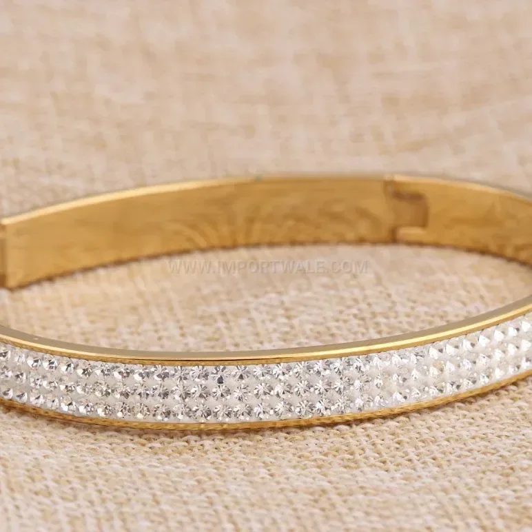 Premium Gold Stainless Steel Three Row Rhinestone Open Cuff Bangle