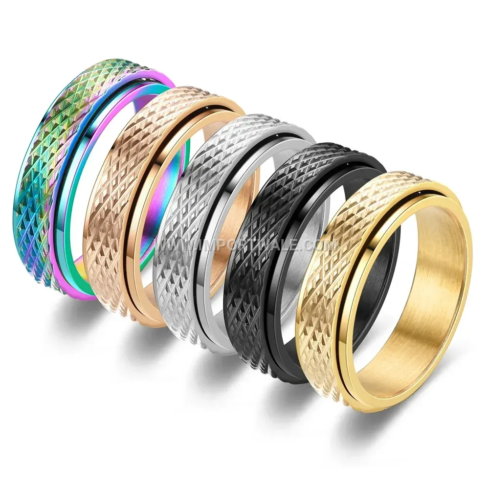 Spinner Stainless Steel Band Ring With Diamond Pattern