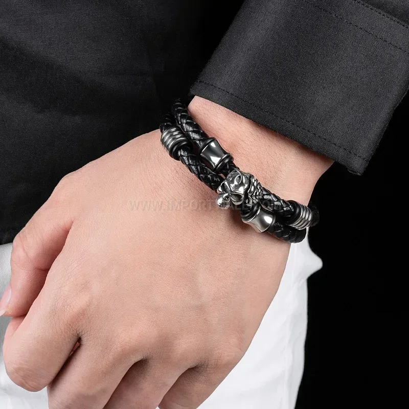 Bold Stainless Steel Rose Skull Beaded Genuine Leather Bracelet Accent