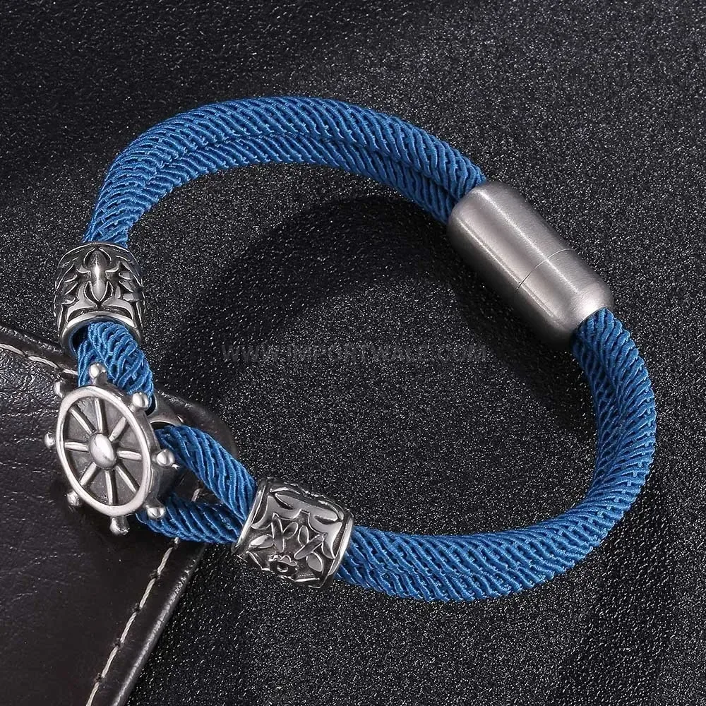 Blue Milan Cord Stainless Steel Anchor Bracelet with Magnetic Clasp