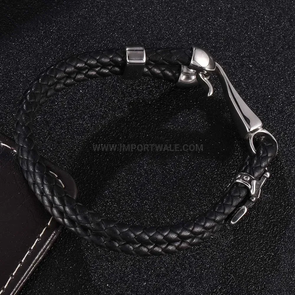 Nautical Fish Hook Woven Leather Bracelet with Stainless Steel Hardware