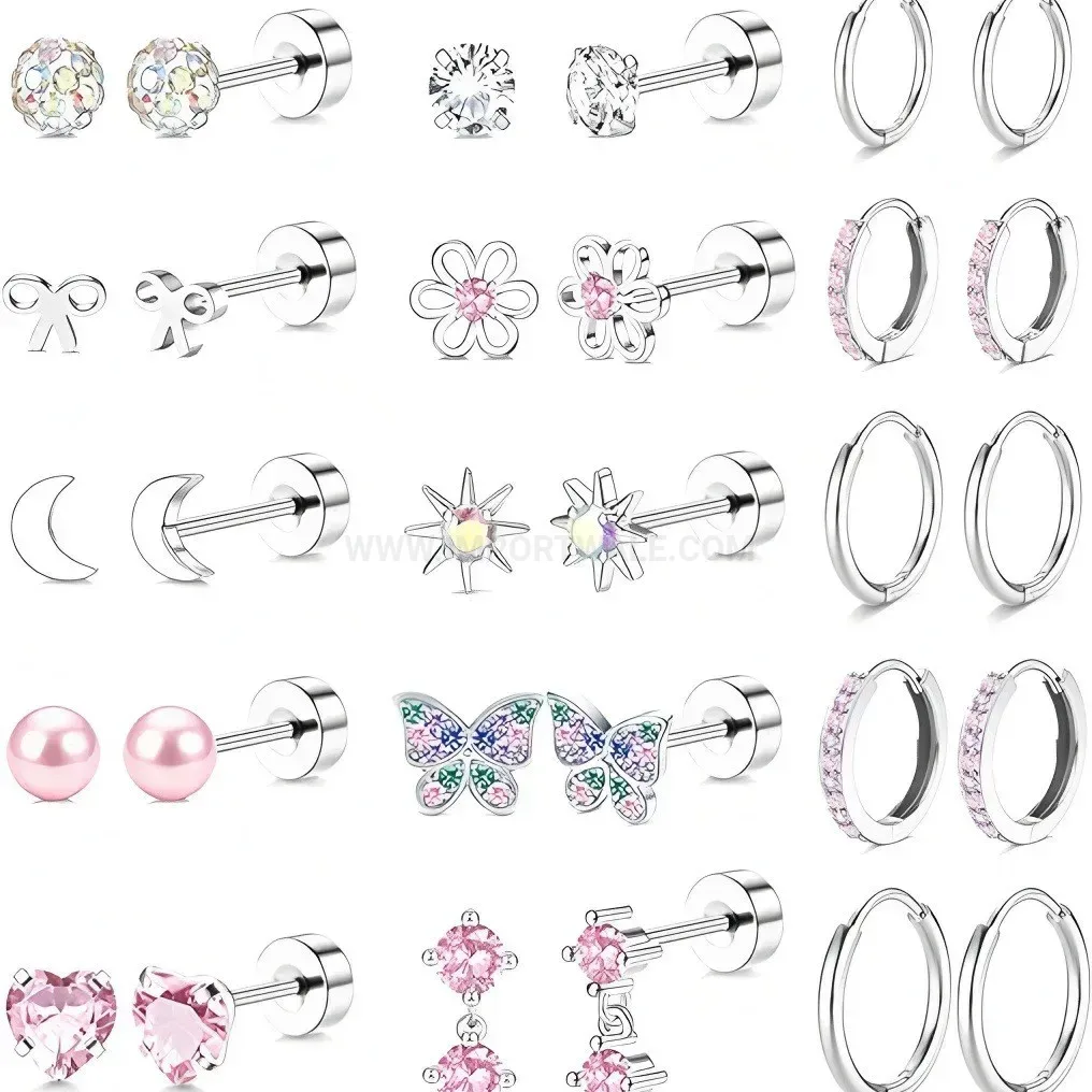 Classic Stainless Steel Zircon Butterfly and Moon Piercing Earring Set