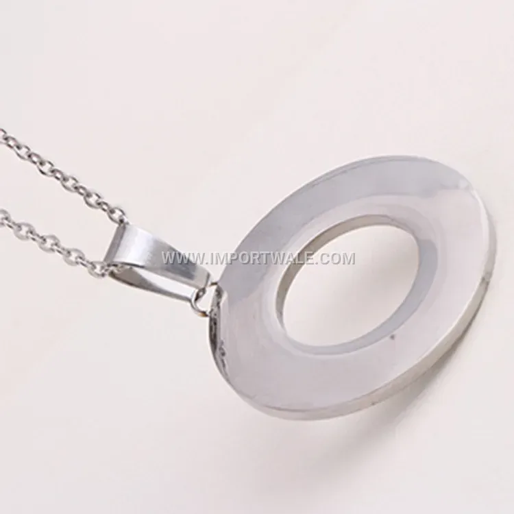 Layered Stainless Steel Shell Ring Pendant Necklace with Rhinestones