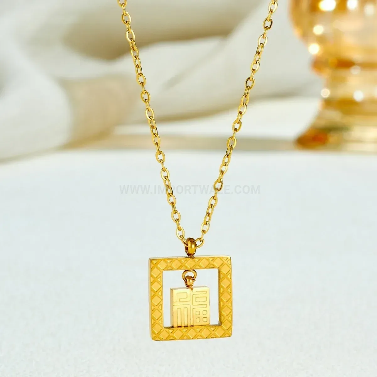 Chic Gold Stainless Steel Openwork Character Square Pendant Necklace
