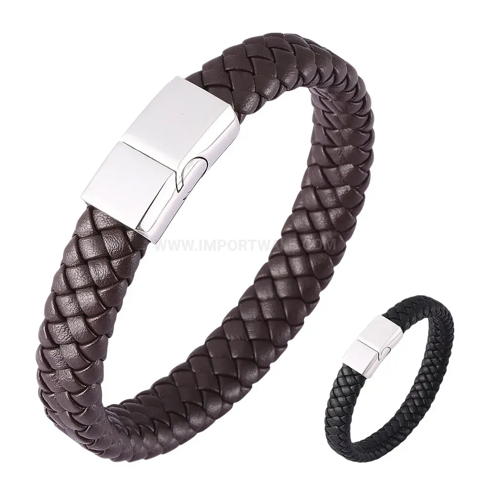 Woven Leather Bracelet with Smooth Stainless Steel Buckle