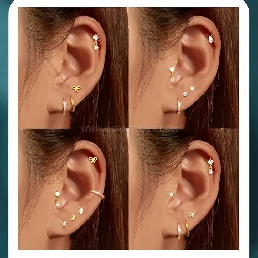 Classic Stainless Steel Zircon Butterfly and Moon Piercing Earring Set