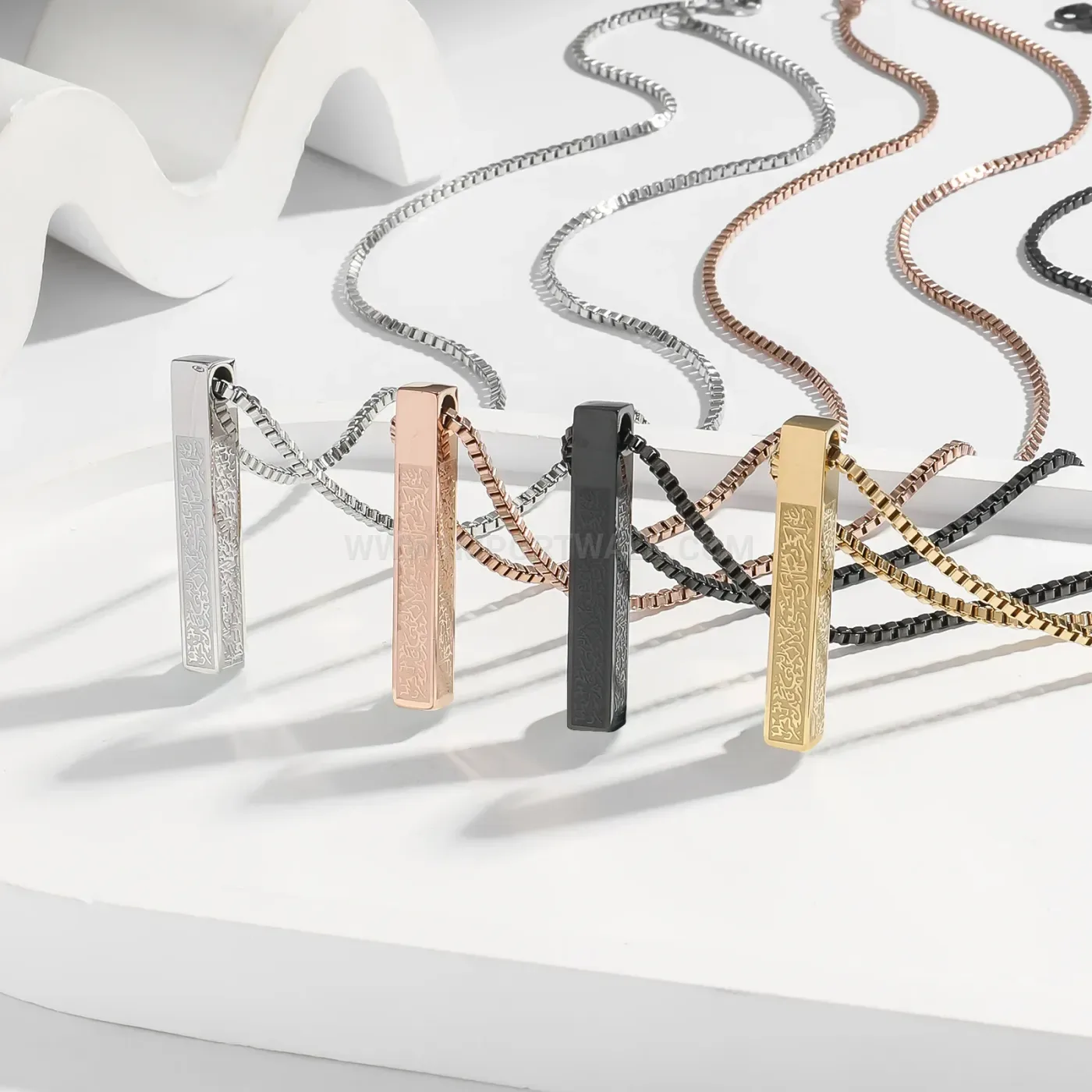 Classic Square Pillar Arabic Calligraphy Stainless Steel Pendant Link Necklace