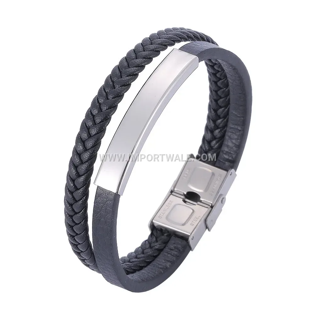 Minimalist Engravable Leather Cuffed Bracelet with Stainless Steel Detail