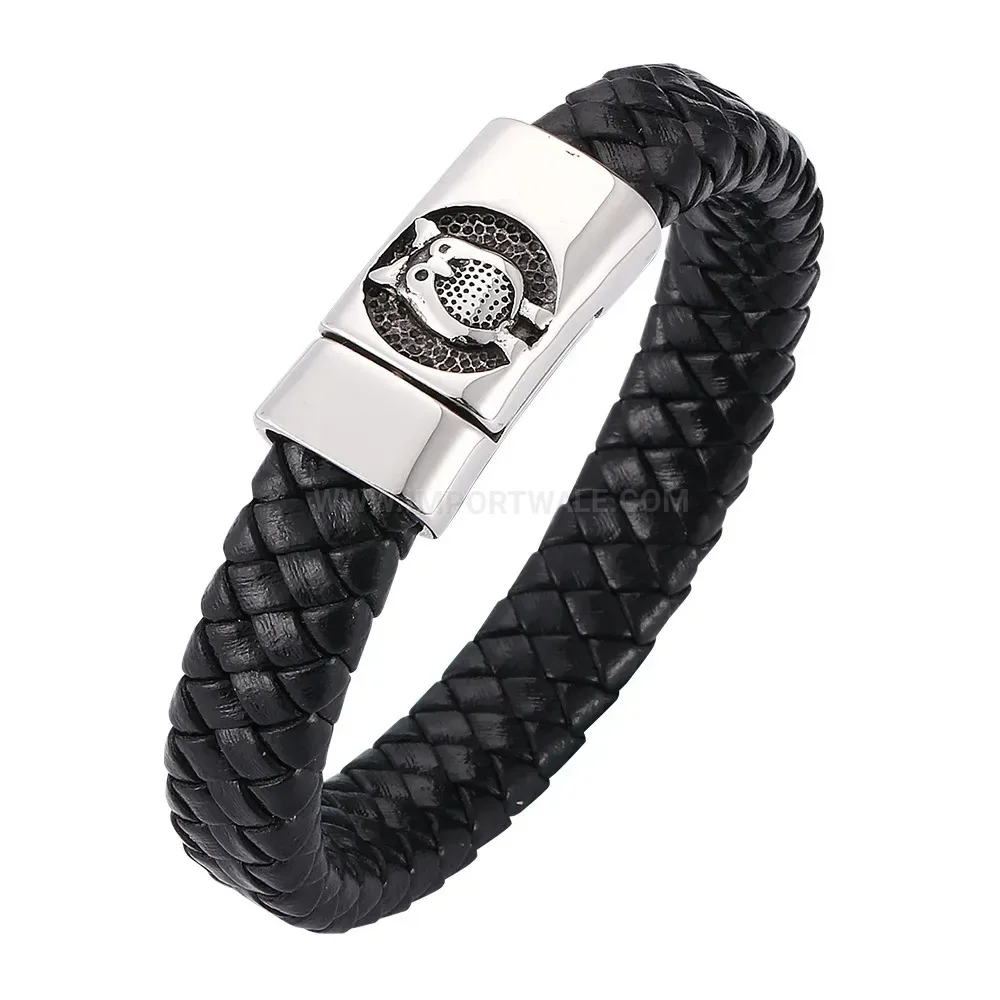 Owl Detail Genuine Leather Bracelet With Stainless Steel Magnetic Clasp